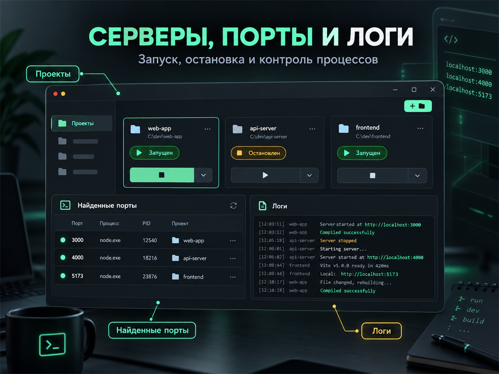 Управление серверами, портами и логами